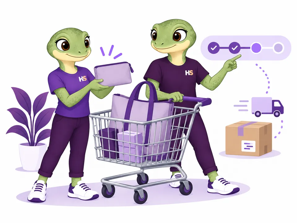 The HookSpark mascots present a matching pouch beside the cart.