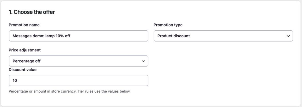 Configuración de un descuento del 10% en el producto en el editor de ofertas.