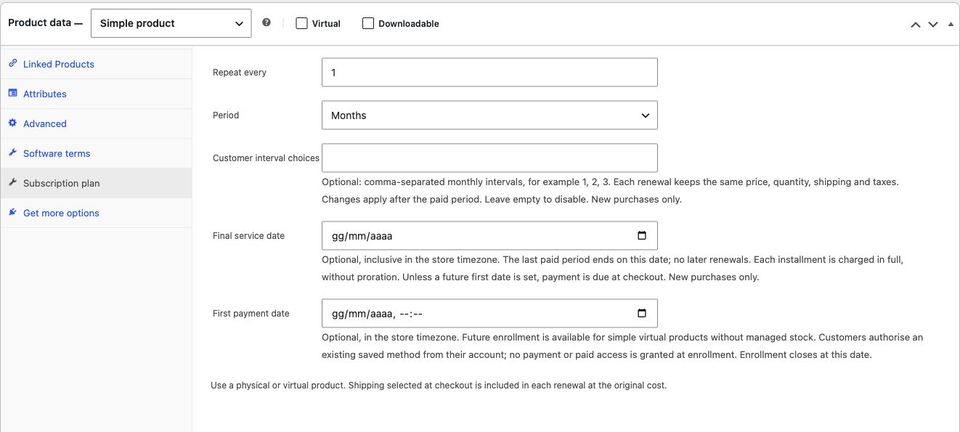 Configuración de un producto de suscripción con su intervalo de facturación.