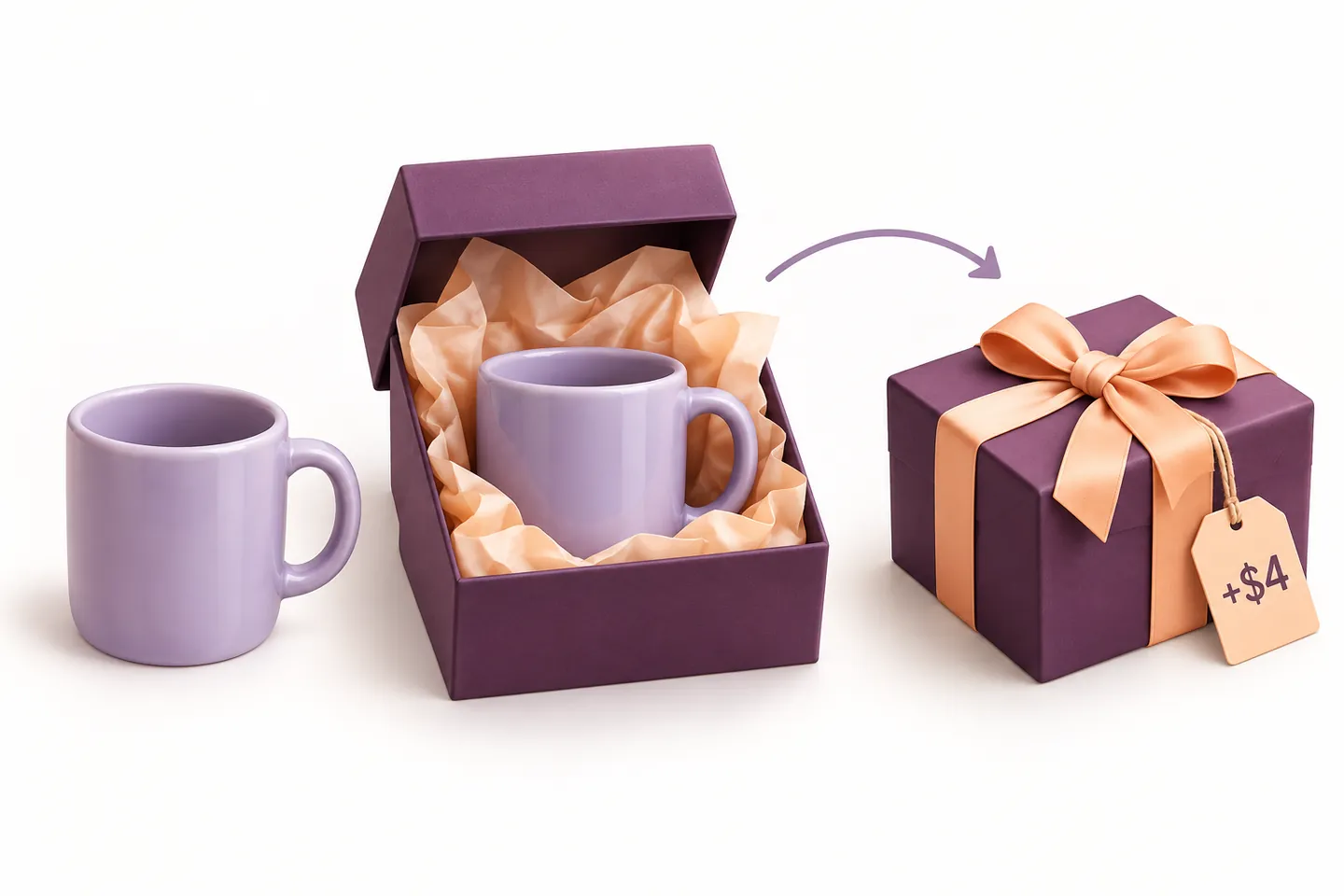 Una tazza color lavanda diventa un regalo in una scatola color prugna con un nastro albicocca; il confezionamento costa quattro dollari.