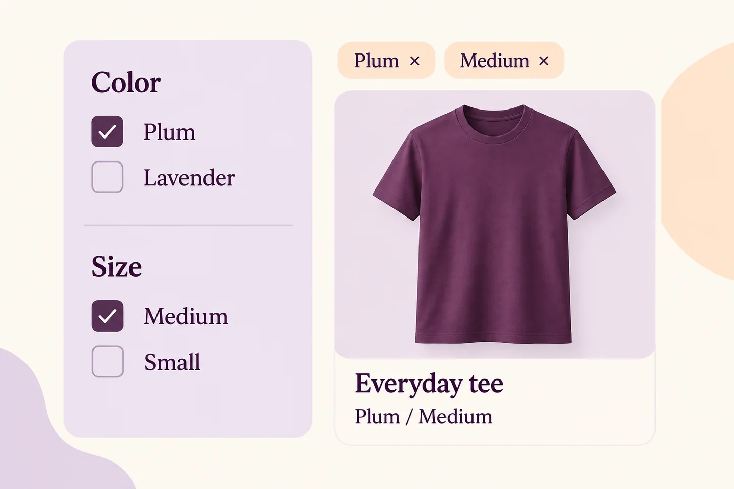 Colore Prugna e taglia Media selezionati accanto alla scheda della maglietta Everyday, con etichette dei filtri applicati che si possono rimuovere.