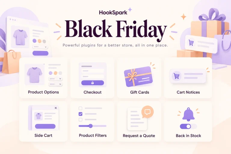 Otto schede dei plugin HookSpark illustrano gli strumenti della promozione Black Friday.
