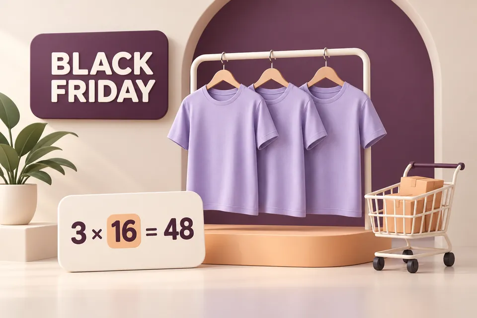 Tre magliette e un cartello Black Friday illustrano un’offerta quantità: tre pezzi a 16, totale 48.