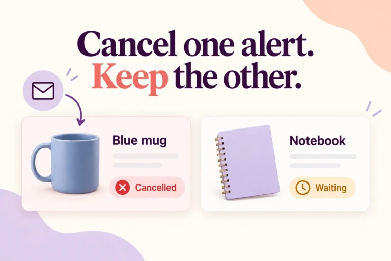 Blue mug restock request cancelled while a separate notebook request remains waiting.