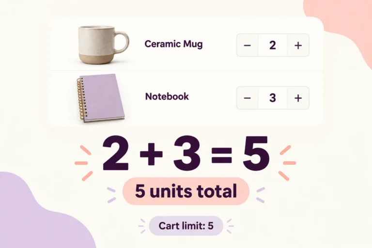Two mugs and three notebooks add up to five total cart units under a five-unit cart limit.