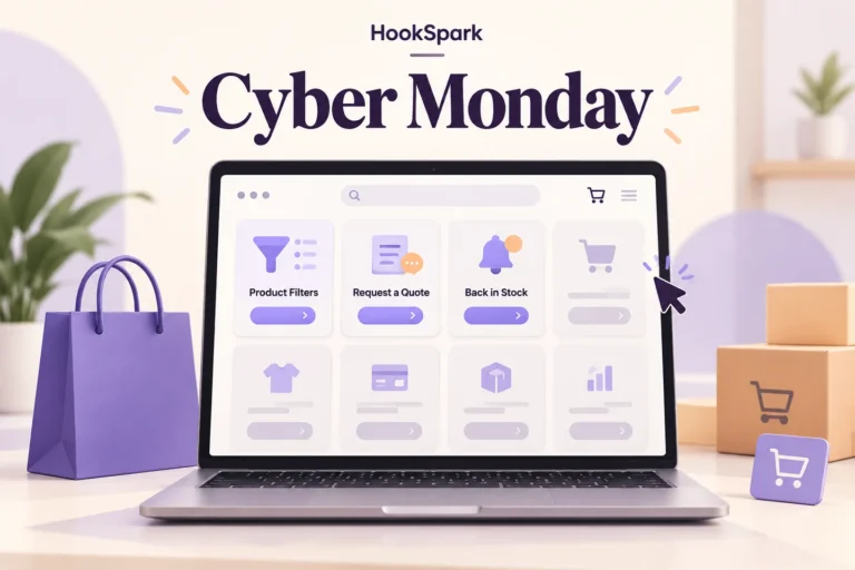 Un portatile mostra il catalogo plugin HookSpark sotto il titolo Cyber Monday, con filtri, preventivi e avvisi di disponibilità.