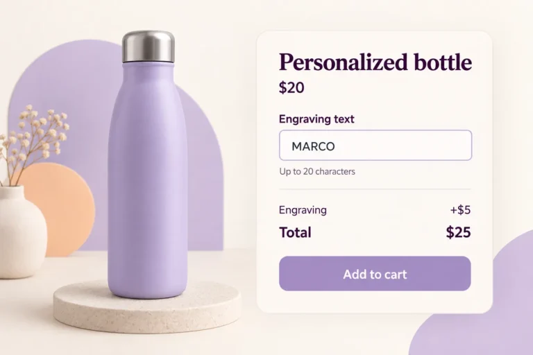 Borraccia color lavanda accanto al campo per l’incisione con il testo MARCO e un limite di 20 caratteri; il riepilogo mostra 20 USD più 5 USD per l’incisione, per un totale di 25 USD.