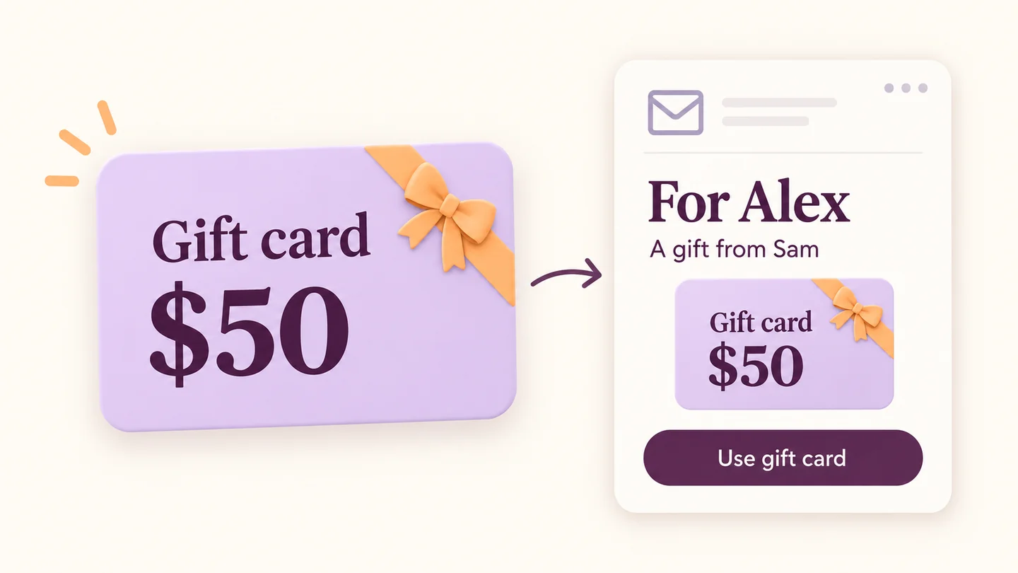 Una carta regalo color lavanda da cinquanta dollari in un’email inviata da Sam ad Alex.