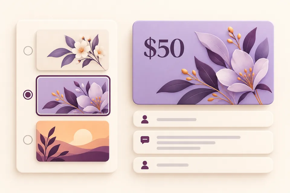 Tre grafiche regalo accanto alla card floreale viola selezionata, con valore 50 e campi destinatario, messaggio e mittente.