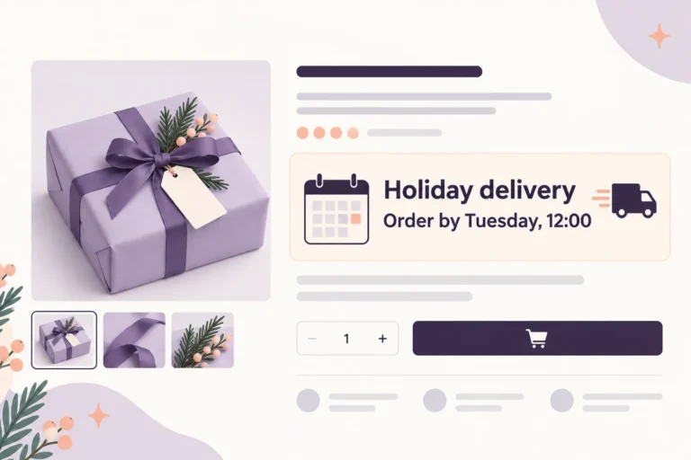 Illustrated product page with a holiday notice showing an example Tuesday noon order cutoff.