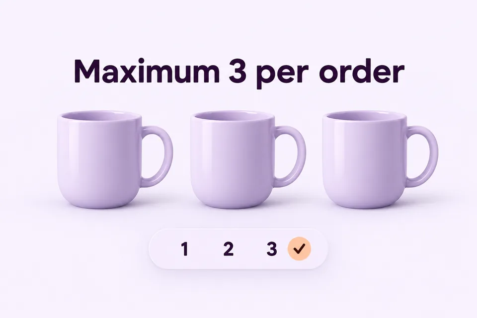 Tre tazze color lavanda illustrano il limite massimo di tre unità dello stesso prodotto per ordine.