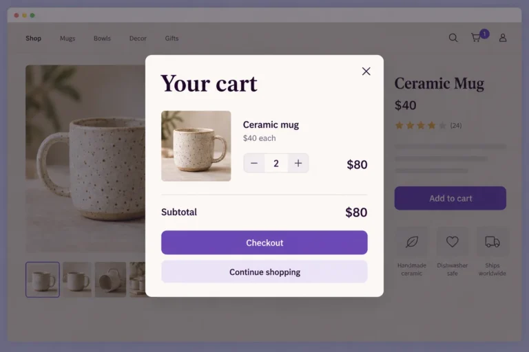 Un popup carrello centrale sulla pagina prodotto oscurata mostra due tazze in ceramica e un subtotale di 80 dollari.