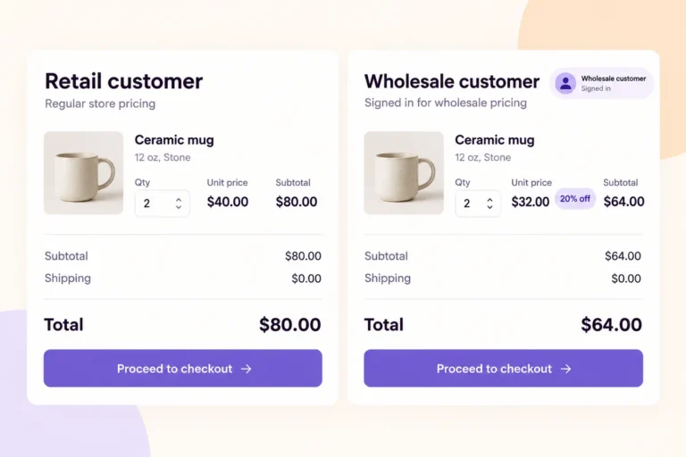 Due carrelli confrontano due tazze: 80 dollari per il cliente retail e 64 per il cliente Wholesale autenticato.